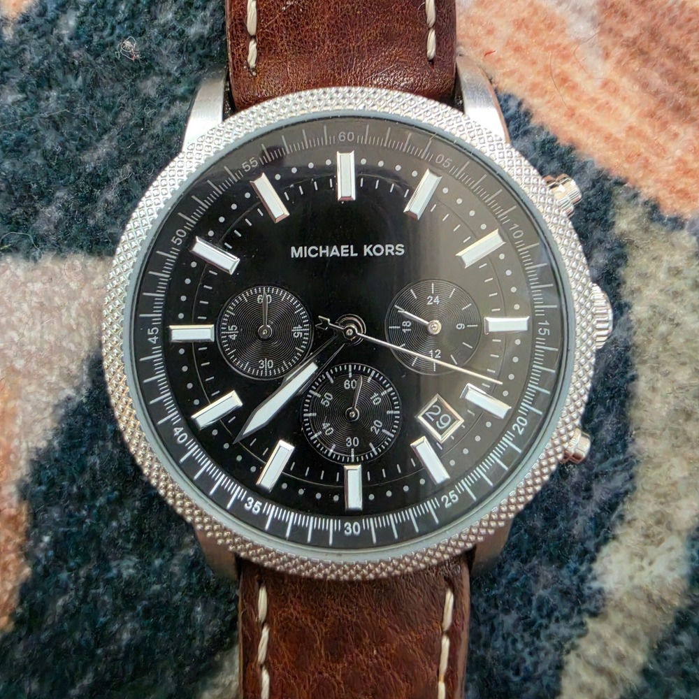 Michael Kors MK-8309 Mens Chronograph Watch Black Dial Brown Leather Strap